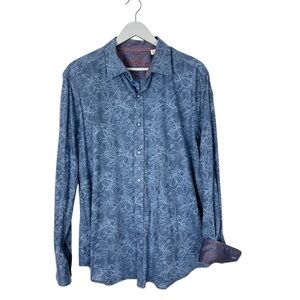 Robert Graham button front shirt Mens size XL blue hibiscus print w/paisley cuff